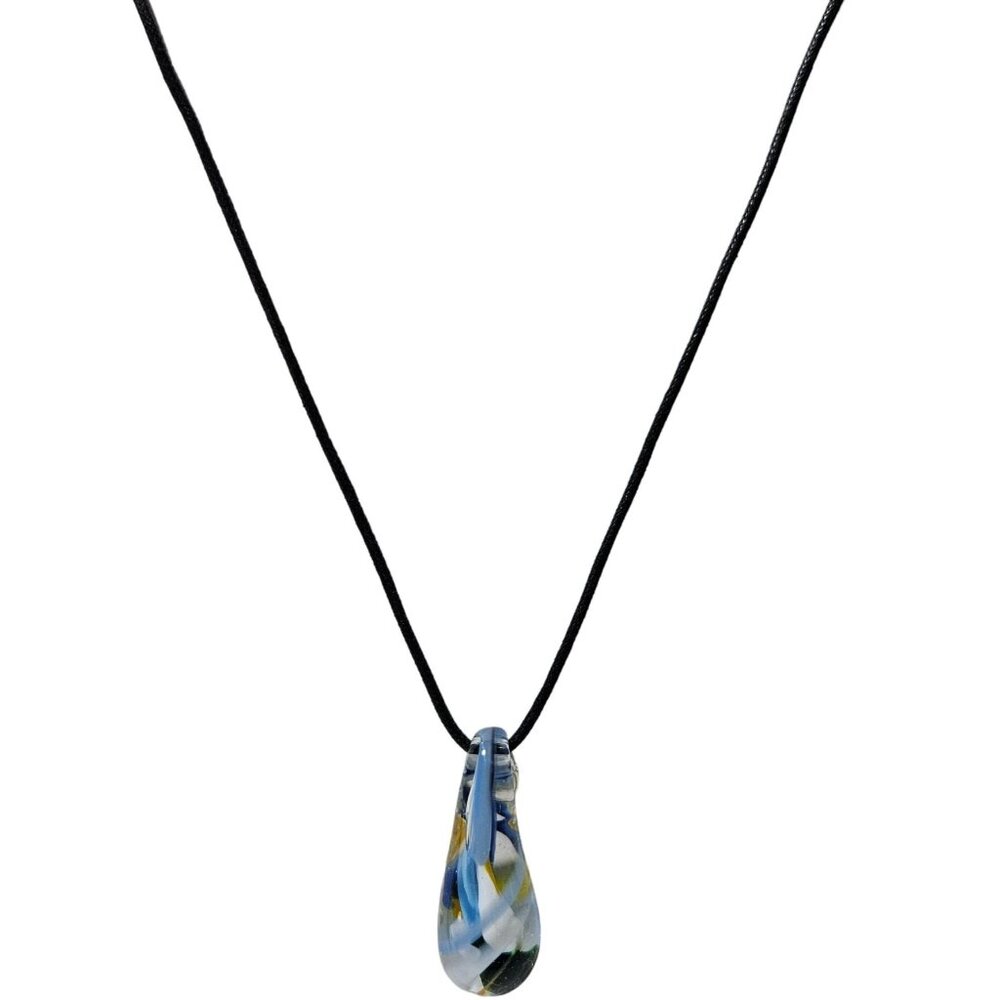 Handmade Art Deco Glass Teardrop Pendant Necklace Black Cord Fashion Jewelry